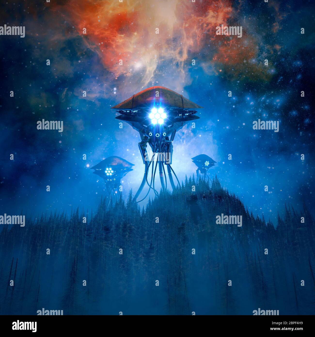 Invasori di notte / illustrazione 3D della scena di fantascienza retrò con macchine aliene giganti che atterrano su una montagna di foresta nebbiosa Foto Stock