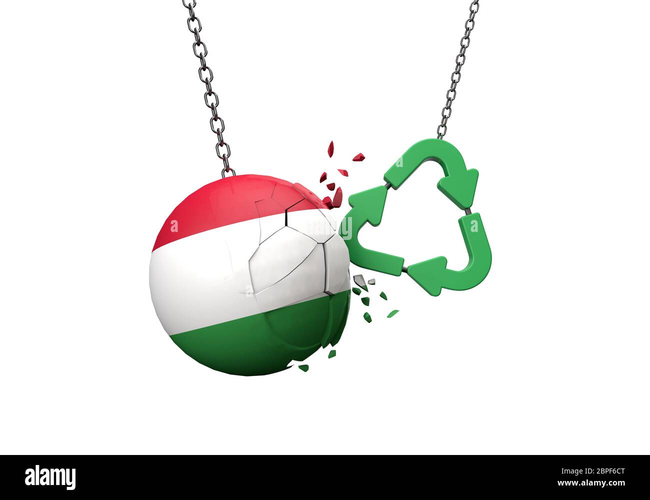 Simbolo di riciclo verde che si schiantano in una palla bandiera ungherese. Rendering 3D Foto Stock