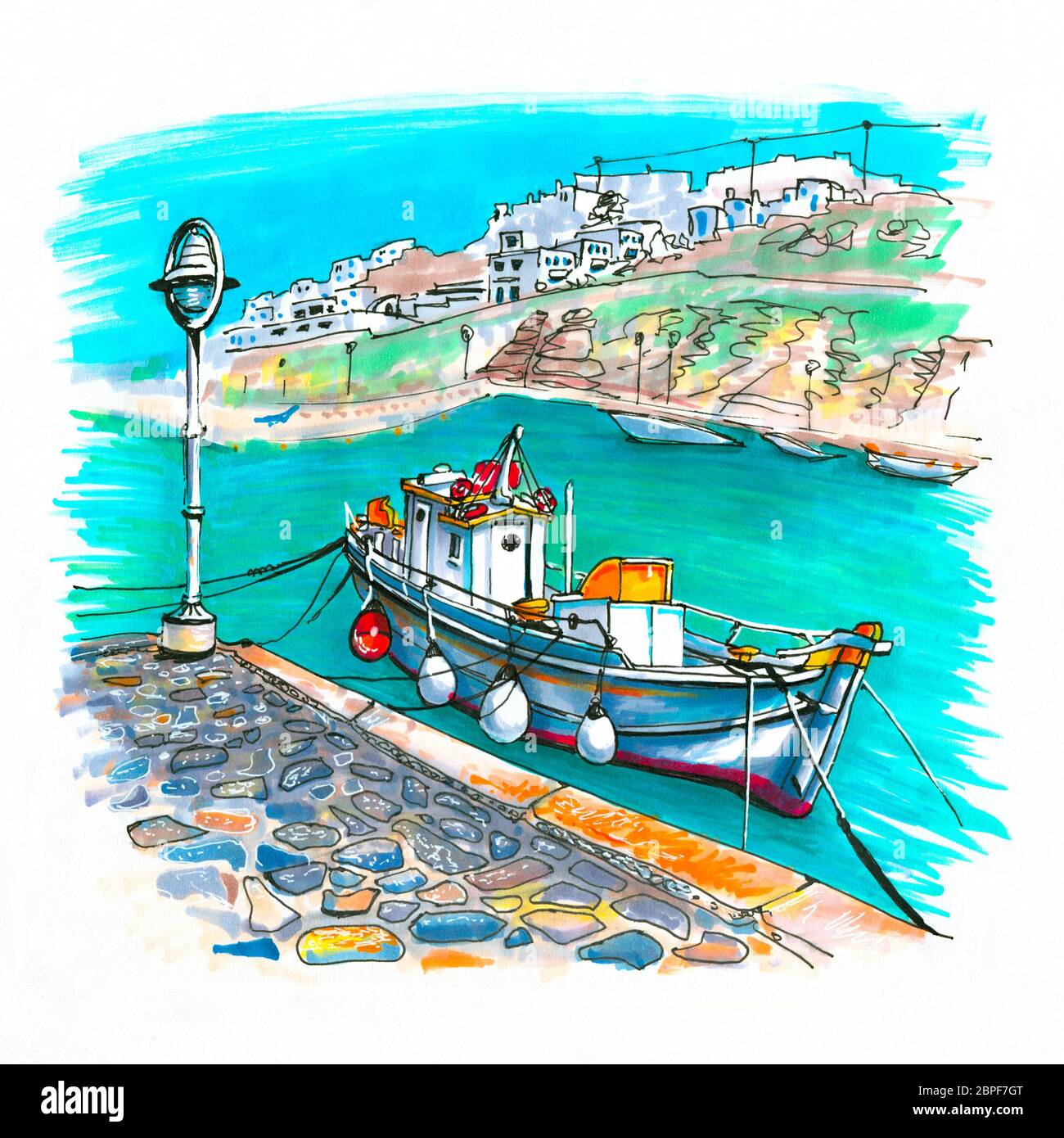 Molo con barche da pesca nel porto di Mykonos City, Chora, Mykonos, Grecia. Marcatori creati con immagini Foto Stock