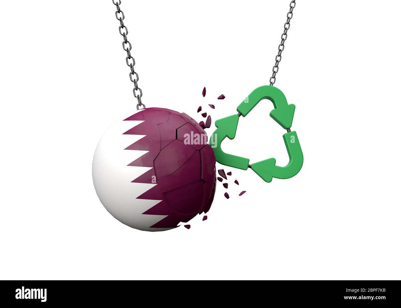 Simbolo di riciclo verde che si blocca in una palla bandiera Qatar. Rendering 3D Foto Stock