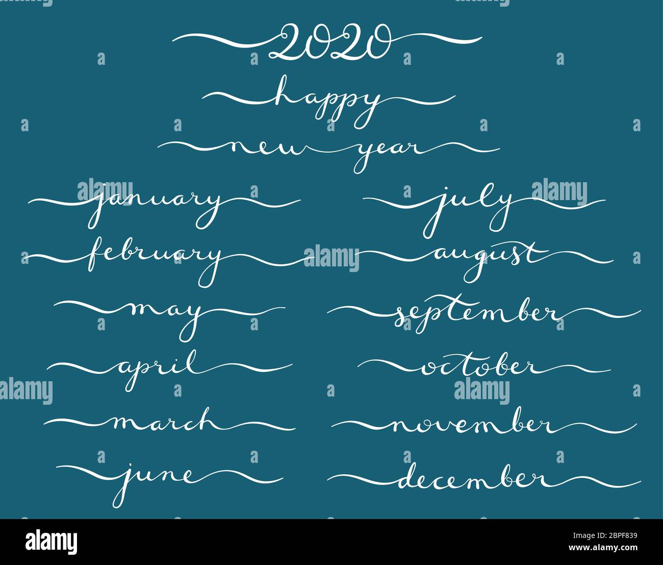 Grande vettore calligrafico mensile disegnato a mano con mesi e felice anno nuovo 2020. Calligrafia a pennello, scritta a mano. Per calendario, diario, giornale, cartolina. Illustrazione vettoriale. Illustrazione Vettoriale