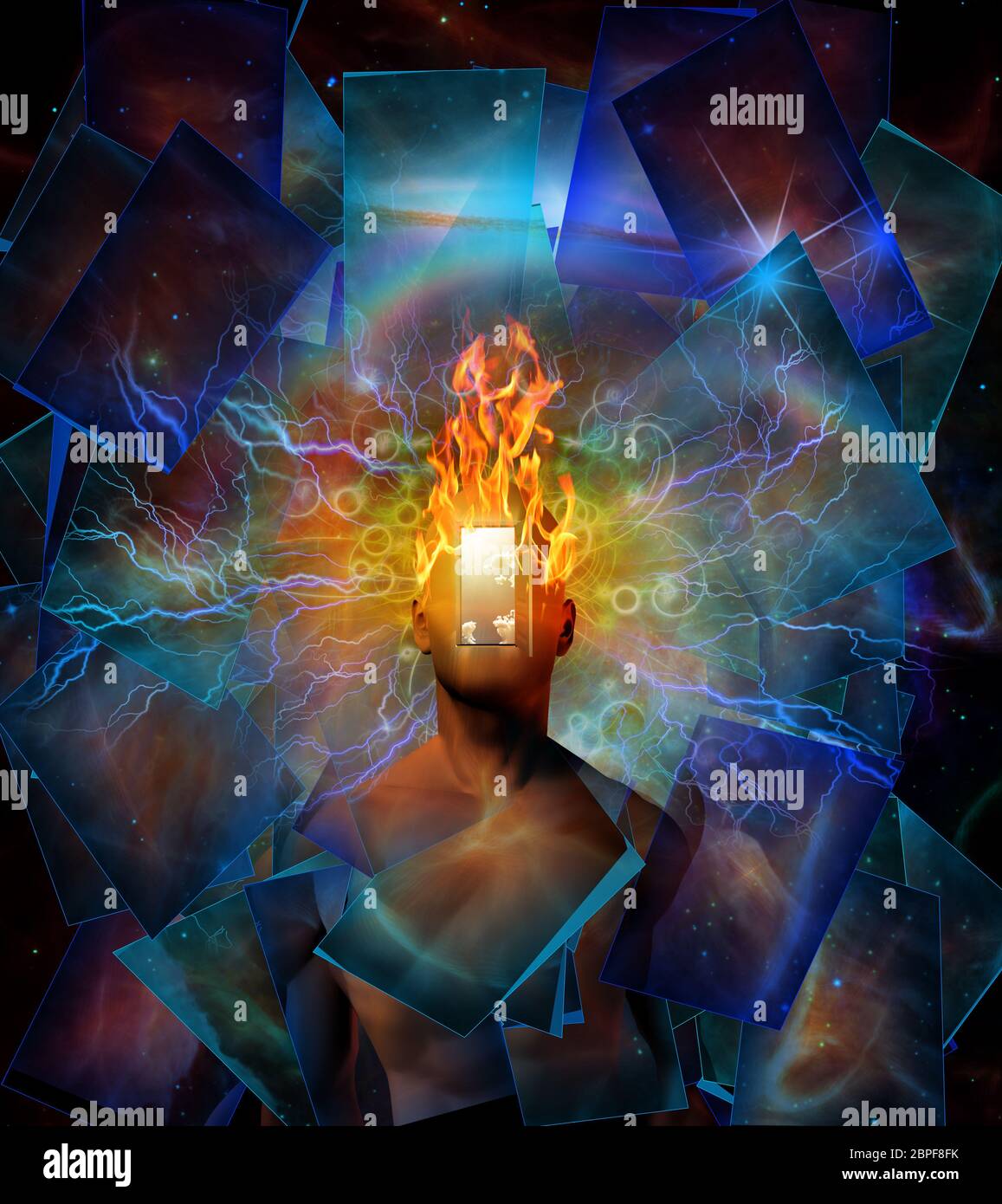 Uomo con testa di masterizzazione nello spazio cosmico Foto Stock