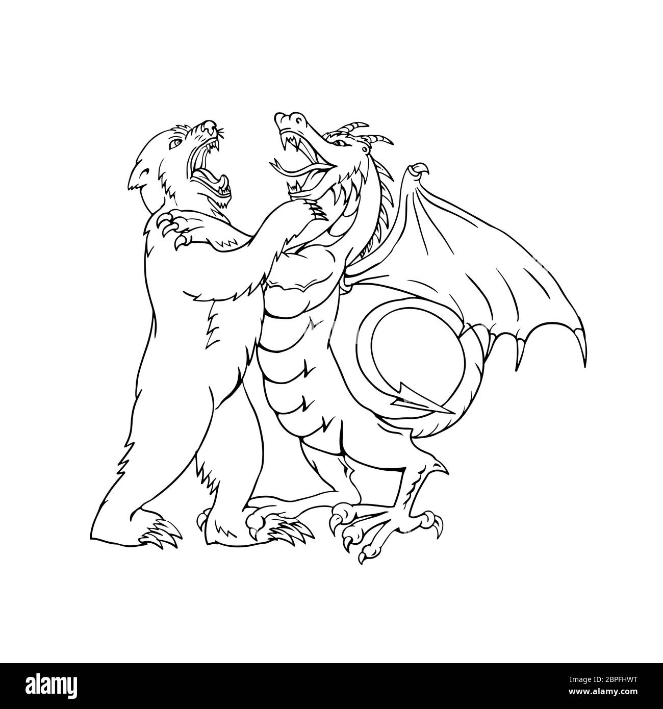 Schizzo di disegno illustrazione dello stile di un orso wrestling, giostre, sparring o combattendo contro un drago cinese isolato su sfondo bianco fatto in bianco e nero e Foto Stock