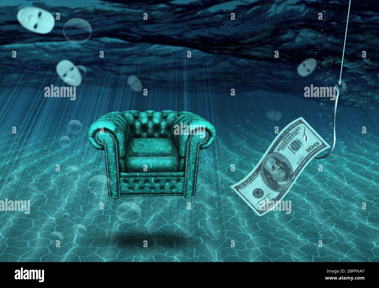 Sedia confortevole sotto il mare con maschere e gancio accanita Foto Stock