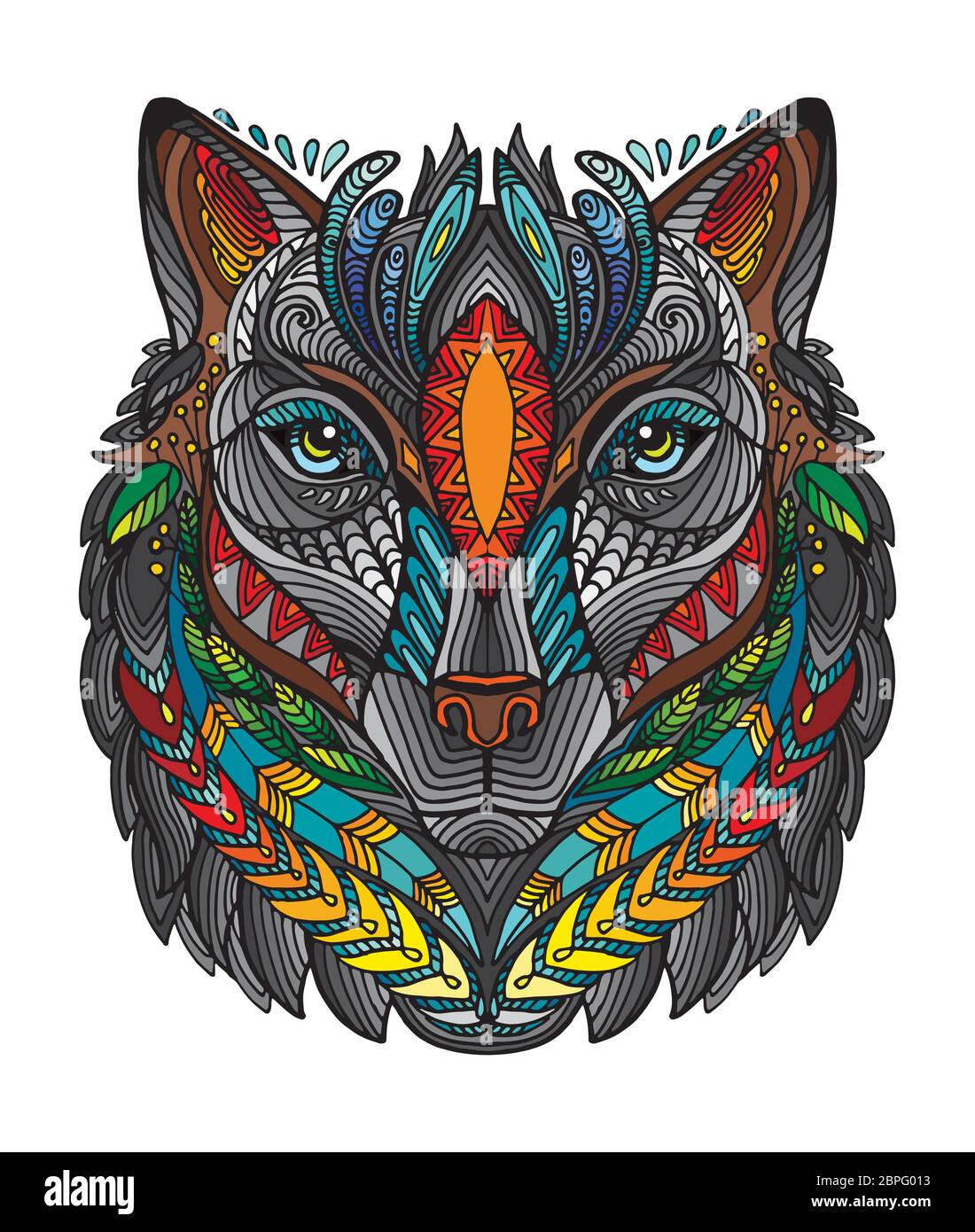 Vettore decorativo doodle testa ornamentale di lupo. Vettore astratto colorato illustrazione della testa lupo isolato su sfondo bianco. Illustrazione del magazzino Illustrazione Vettoriale