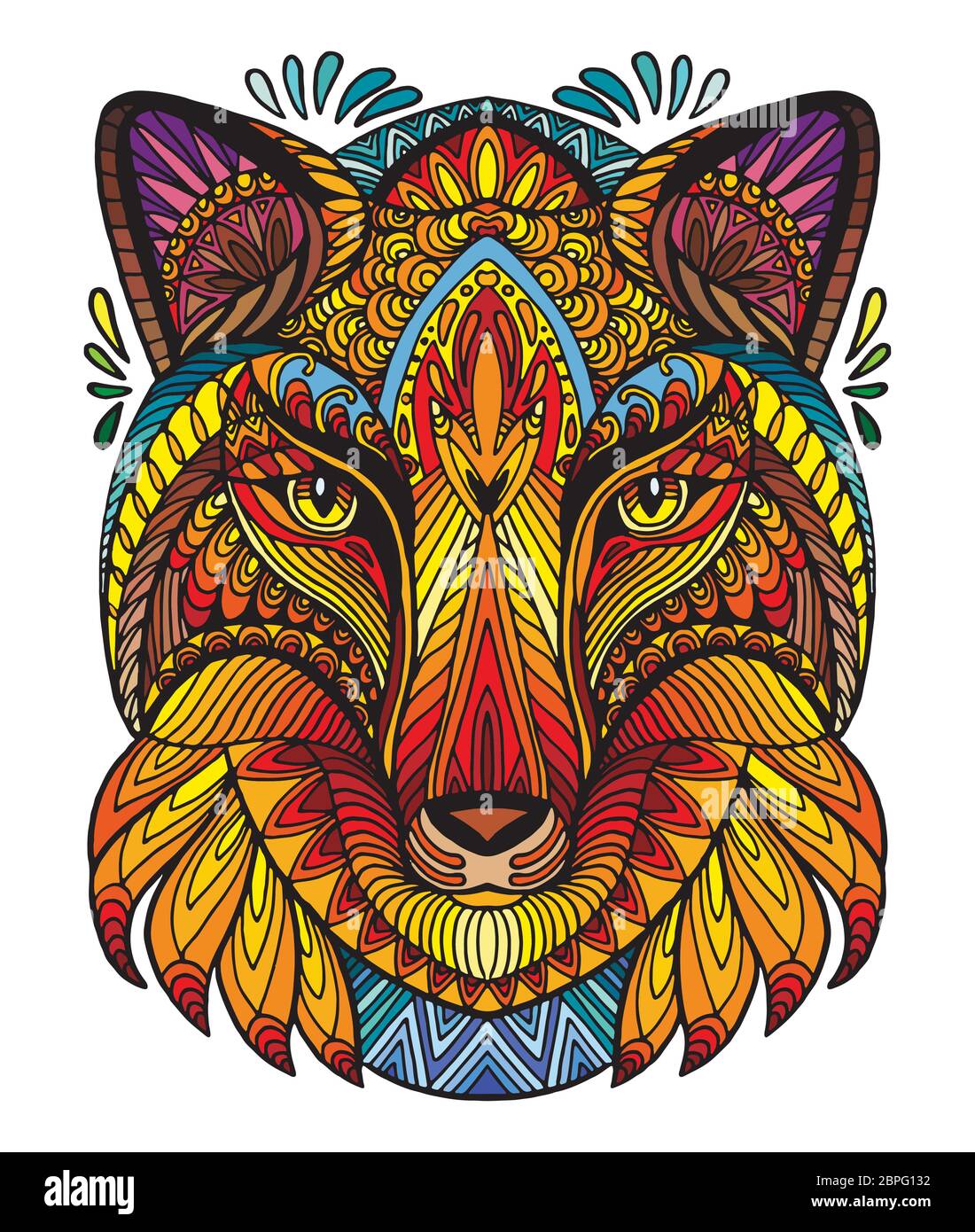 Vettore decorativo doodle testa ornamentale di volpe. Vettore astratto colorato illustrazione della testa di volpe isolato su sfondo bianco. Illustrazione del magazzino per Illustrazione Vettoriale