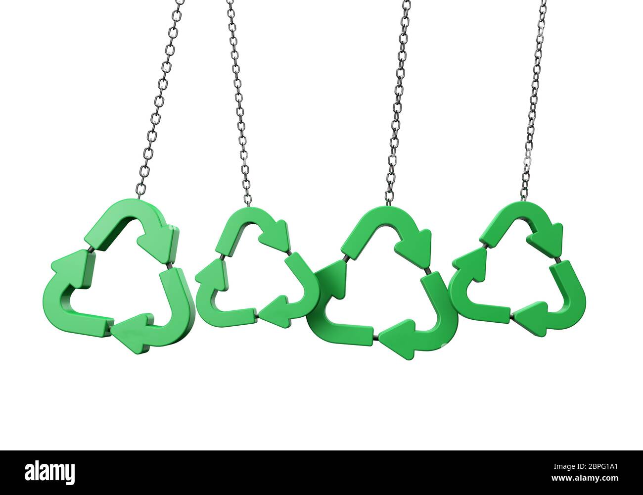 Simbolo di riciclaggio verde appeso a una catena. Rendering 3D Foto Stock