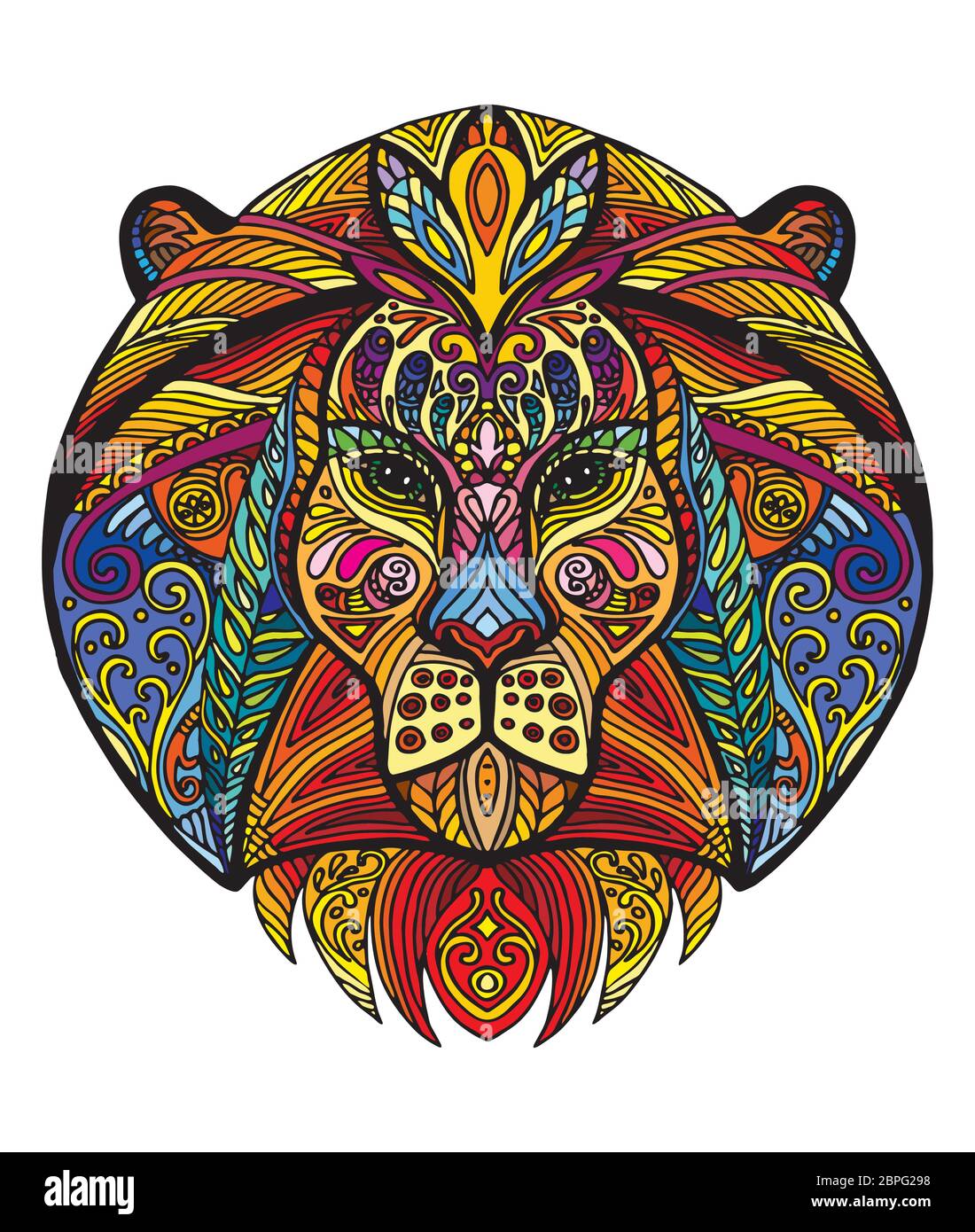 Vettore decorativo doodle testa ornamentale del leone. Vettore astratto colorato illustrazione della testa del leone isolato su sfondo bianco. Illustrazione del magazzino Illustrazione Vettoriale