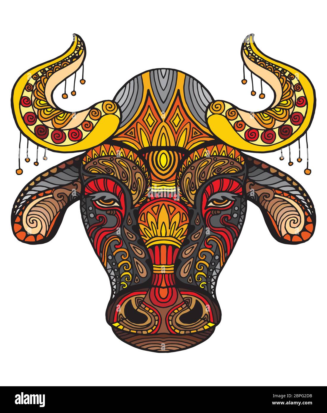 Vettore decorativo doodle testa ornamentale di toro. Vettore astratto colorato illustrazione della testa di toro isolato su sfondo bianco. Illustrazione del magazzino Illustrazione Vettoriale