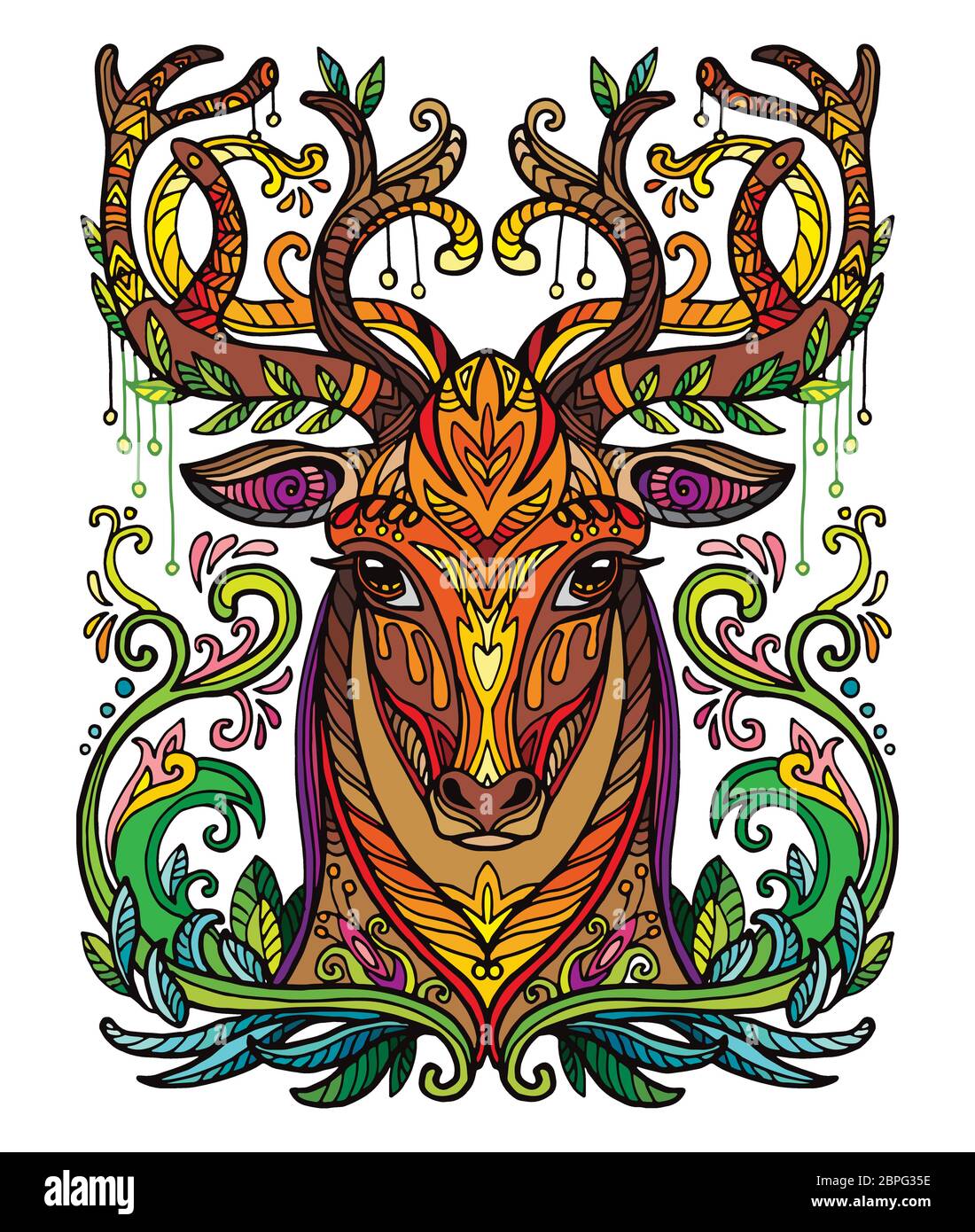 Vettore decorativo doodle testa ornamentale di cervo. Vettore astratto colorato illustrazione della testa di cervo isolato su sfondo bianco. Illustrazione del magazzino Illustrazione Vettoriale