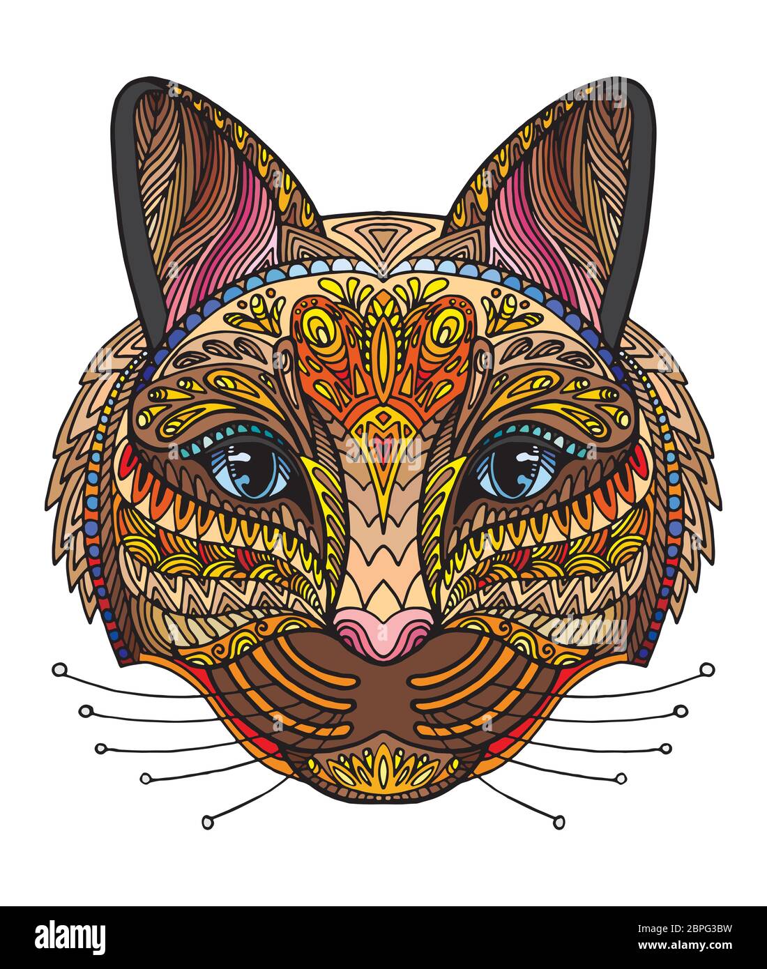 Vettore decorativo doodle testa ornamentale del gatto. Vettore astratto colorato illustrazione della testa di gatto isolato su sfondo bianco. Illustrazione del magazzino per Illustrazione Vettoriale