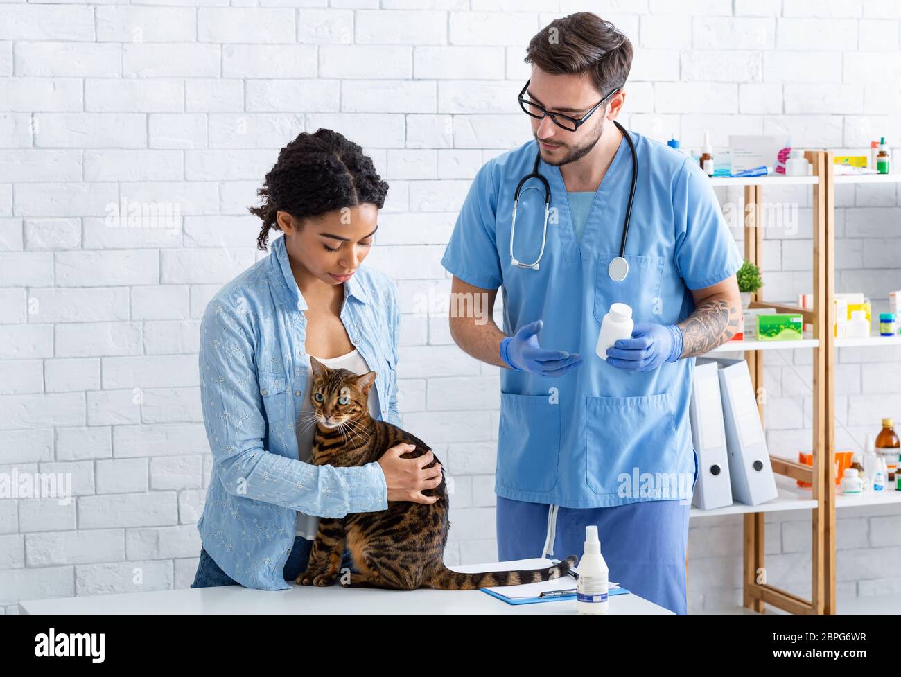 Cliente con gatto tabby e veterinario maschile in clinica per animali domestici Foto Stock