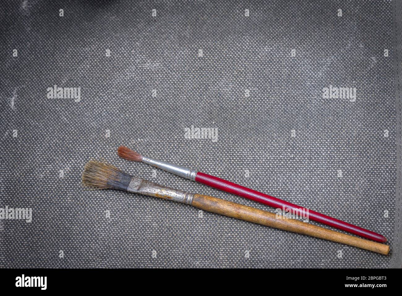 Due spazzole su un grigio Sfondo tessile Foto Stock