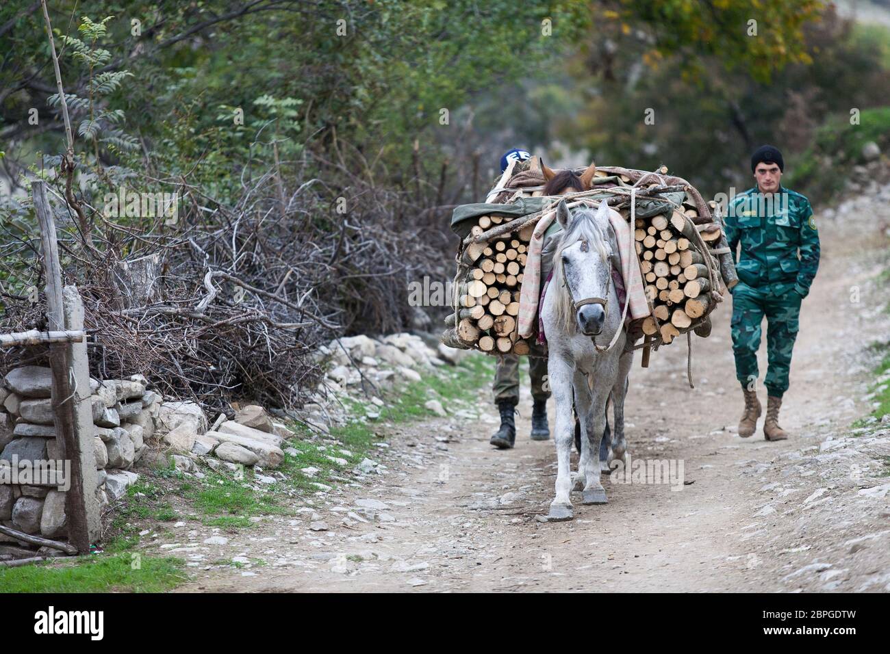 I soldati confessati raccolgono la legna da ardere e la caricano su un asino per alimentare gli incendi nelle caserme di Lahic, Azerbaigian Foto Stock