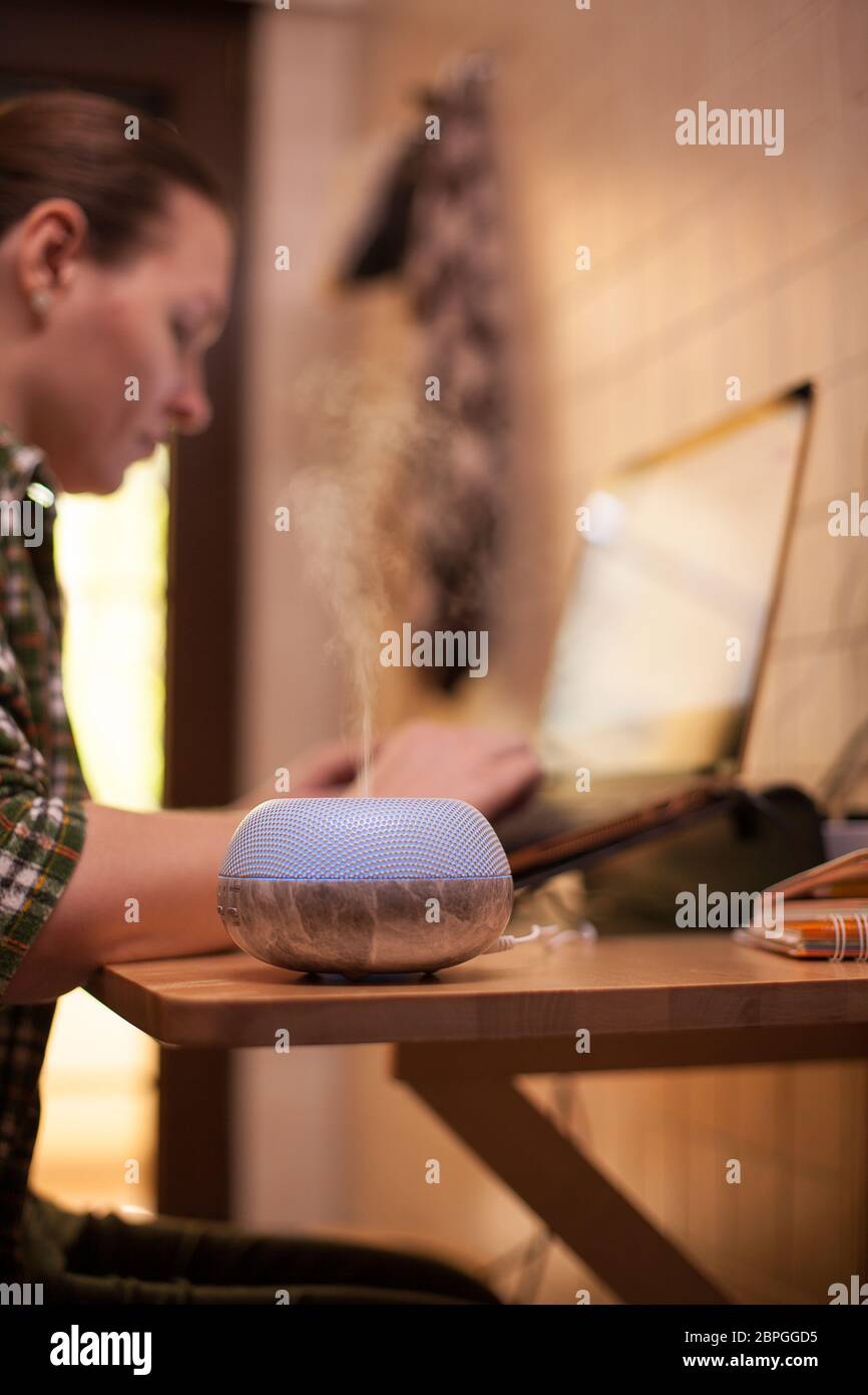Donna d'affari che usa il laptop a casa durante il covid-19 e aromatherapy vaporizzatore. Foto Stock