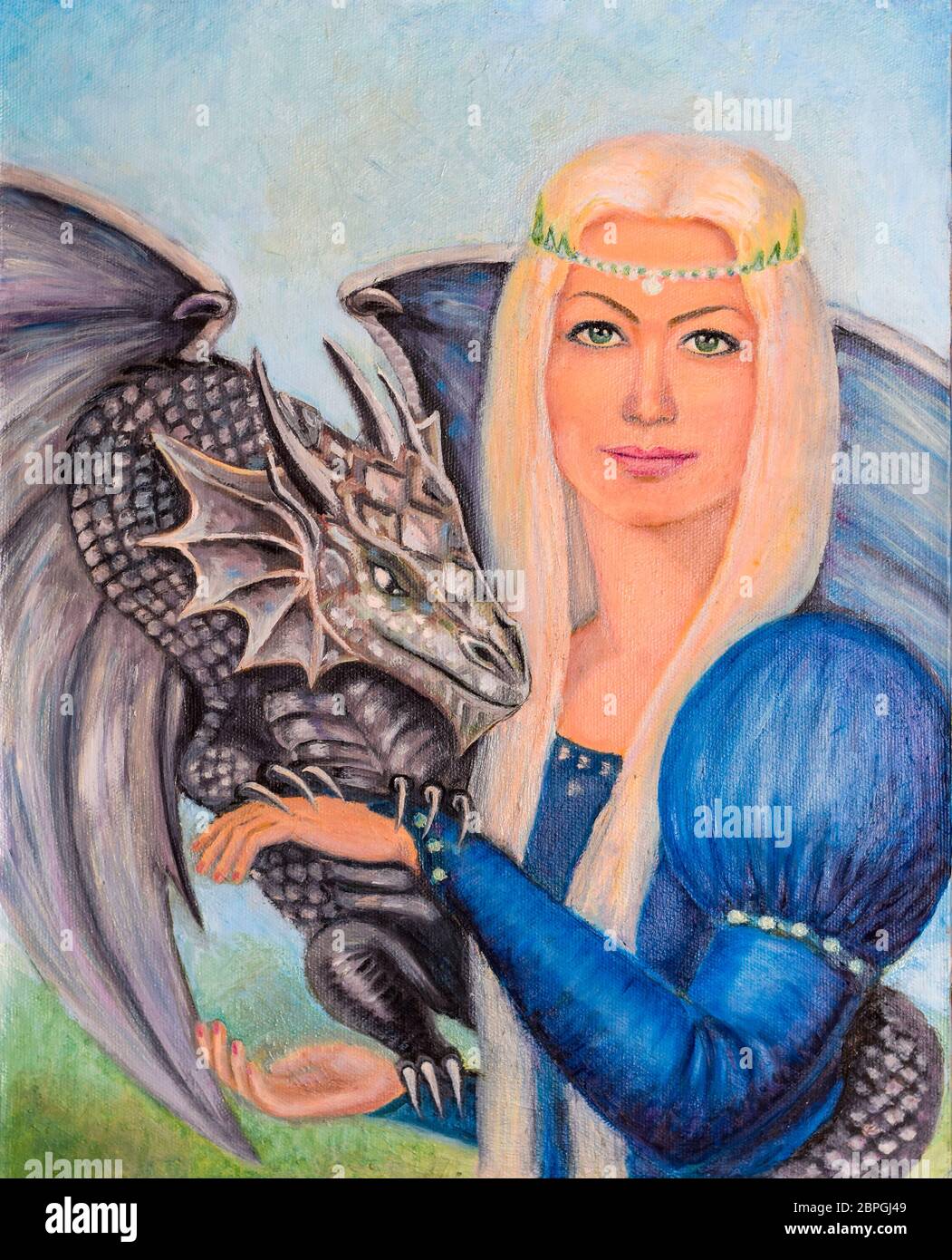 Principessa con un drago tra le braccia. Illustrazione fiabesca nell'immagine. Foto Stock