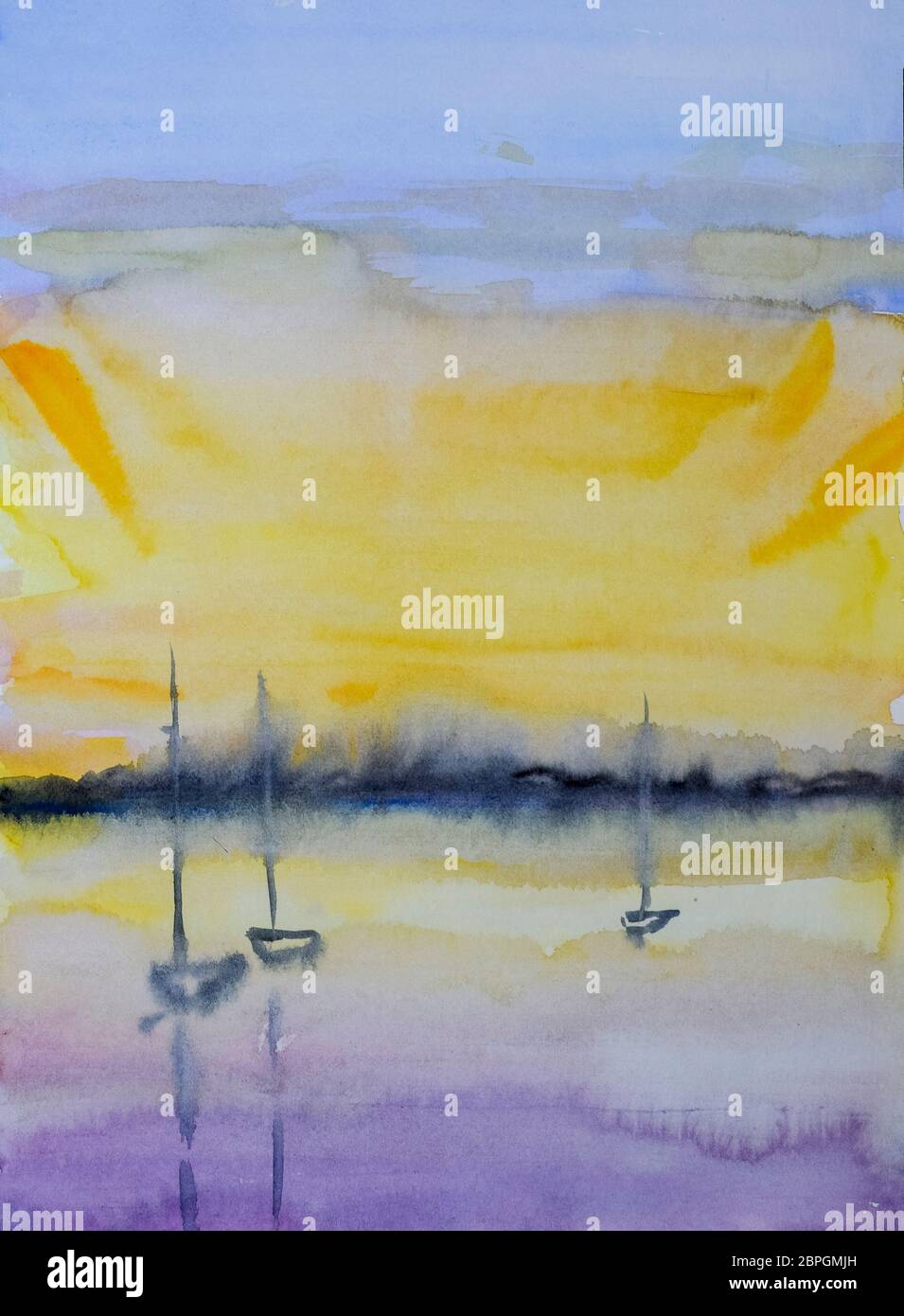 Barche con una vela filmata nella baia sullo sfondo del tramonto. Pittura con acquerello. Foto Stock