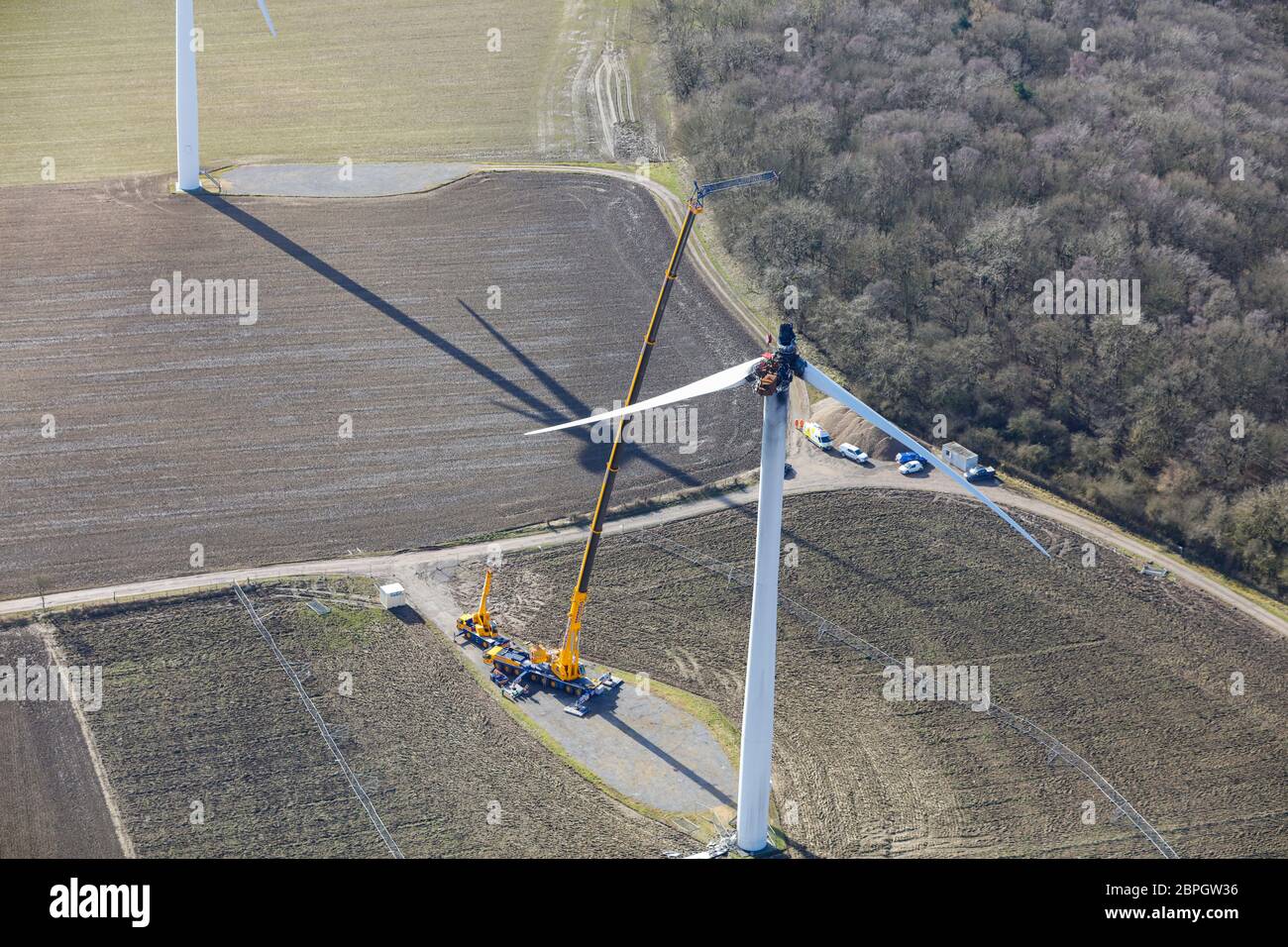 Vista aerea dei danni causati dalla turbina eolica vicino alla A689 Road Foto Stock