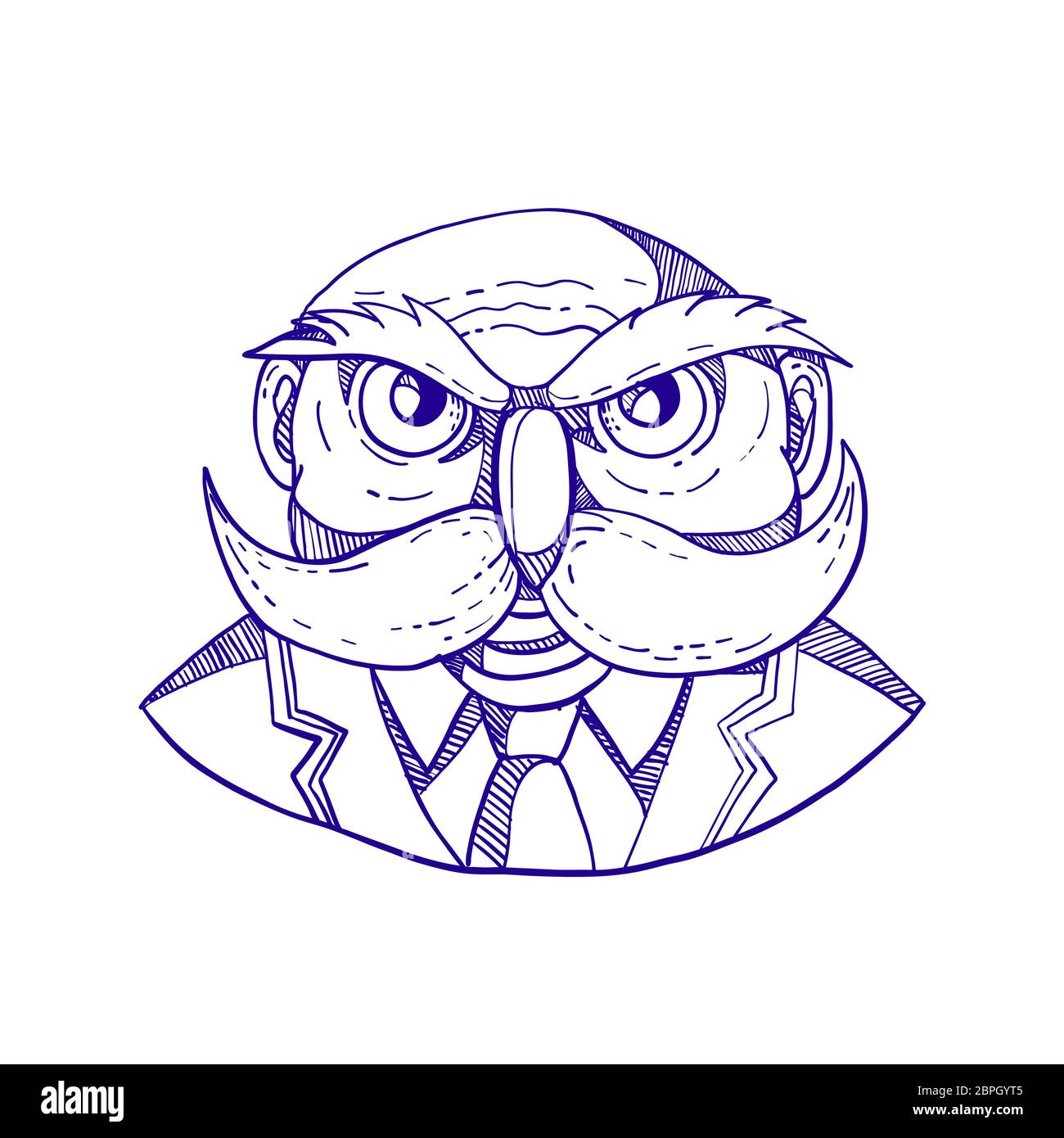 Doodle arte illustrazione di un arrabbiato vecchio uomo calvo che appare come un gufo con baffuto cappotto e cravatta visto dal lato anteriore fatto in caricatura stile. Foto Stock