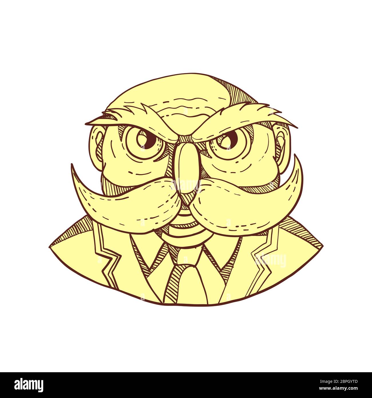 Doodle arte illustrazione di un arrabbiato vecchio uomo calvo che appare come un gufo con baffuto cappotto e cravatta visto dal lato anteriore fatto in caricatura di colore Foto Stock
