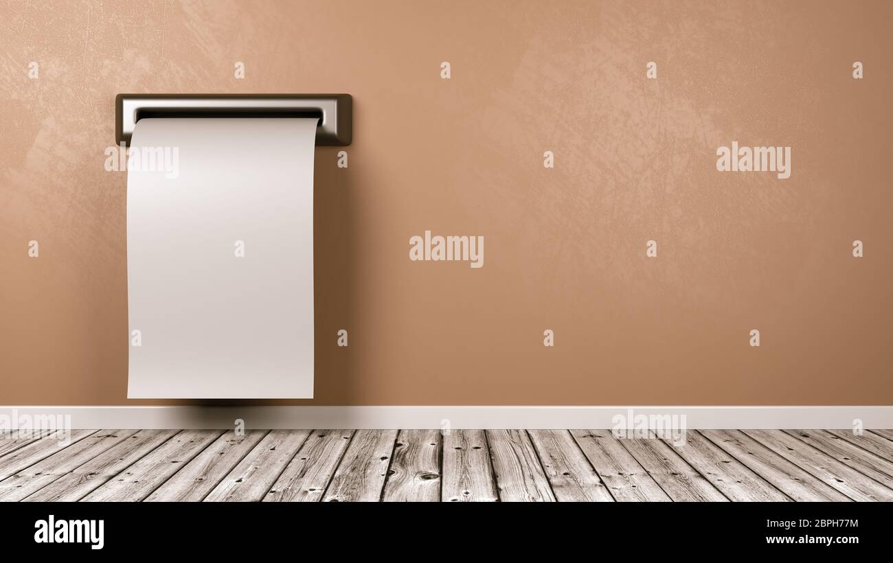 Vuoto bianco ricevuta del biglietto che fuoriesce dalla parete di un pavimento in legno Camera con spazio copia 3D illustrazione Foto Stock