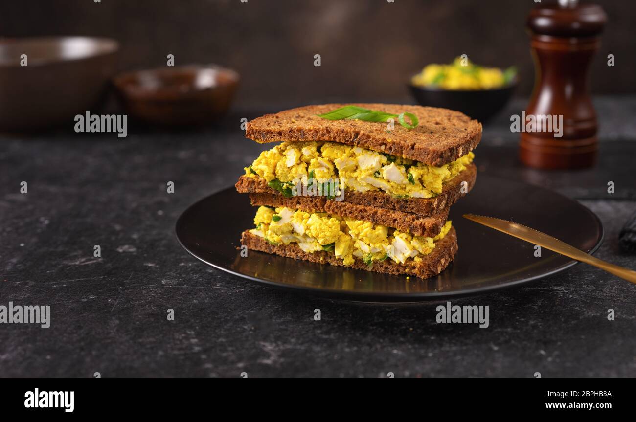 Primo piano con delizioso e colorato hamburger vegan con insalata di uova vegane Foto Stock