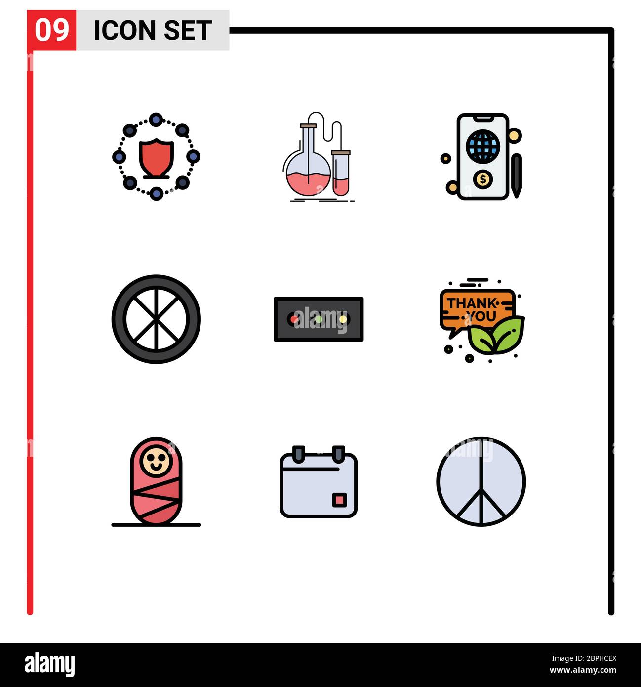 Filledline Flat Color Confezione da 9 simboli universali di password, interni, test, casa, decorazione elementi di disegno vettoriale editabili Illustrazione Vettoriale