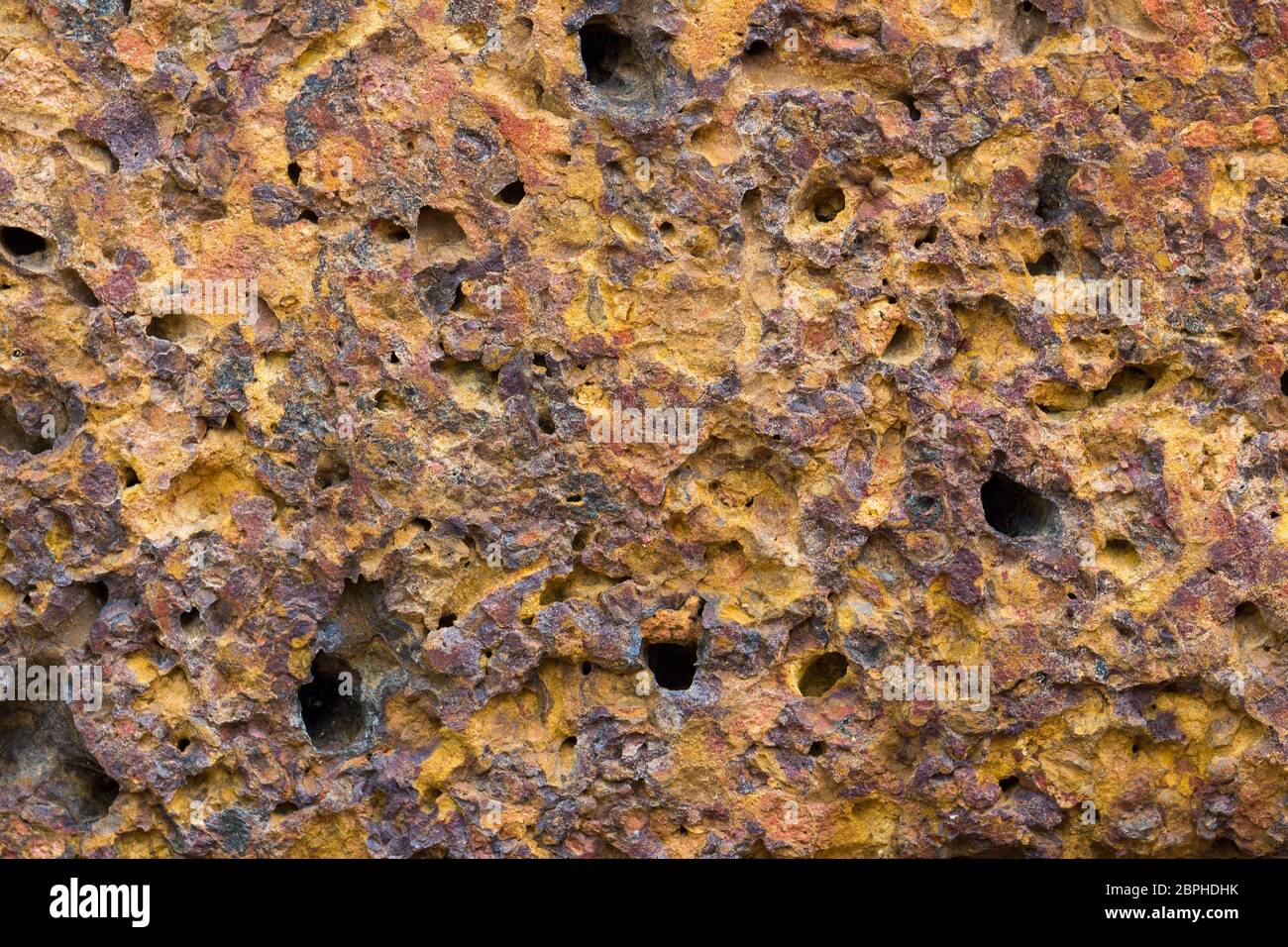 Fondo poroso spugnoso giallo marrone con fori Foto Stock