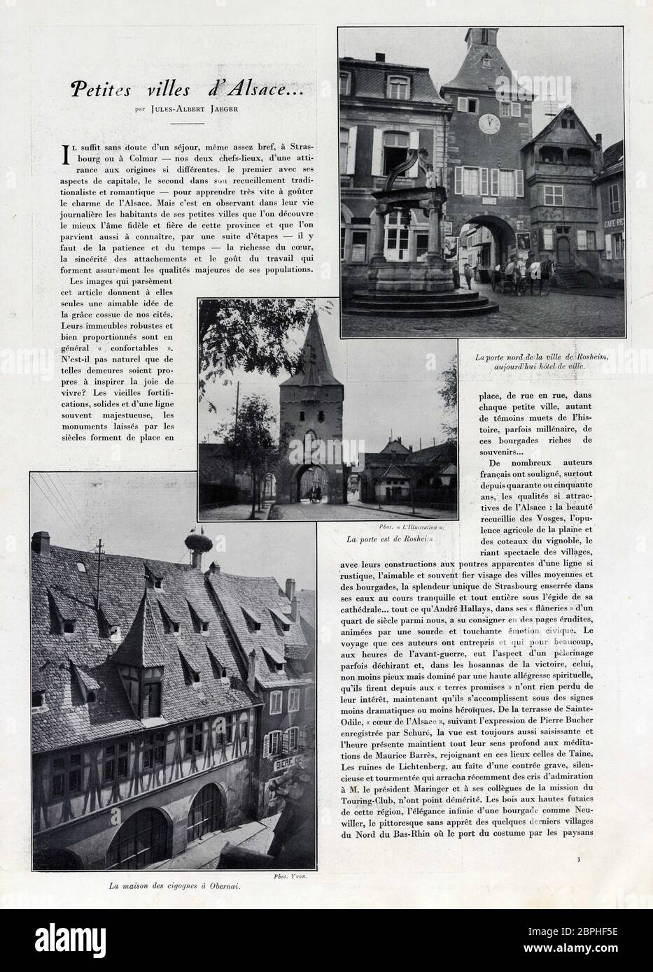 Petites villes d'Alsace par Jules-Albert Jaeger. 1936. La porte nord de la ville de Rosheim. La porte est de Rosheim. La maison des cigognes à Obernai Foto Stock