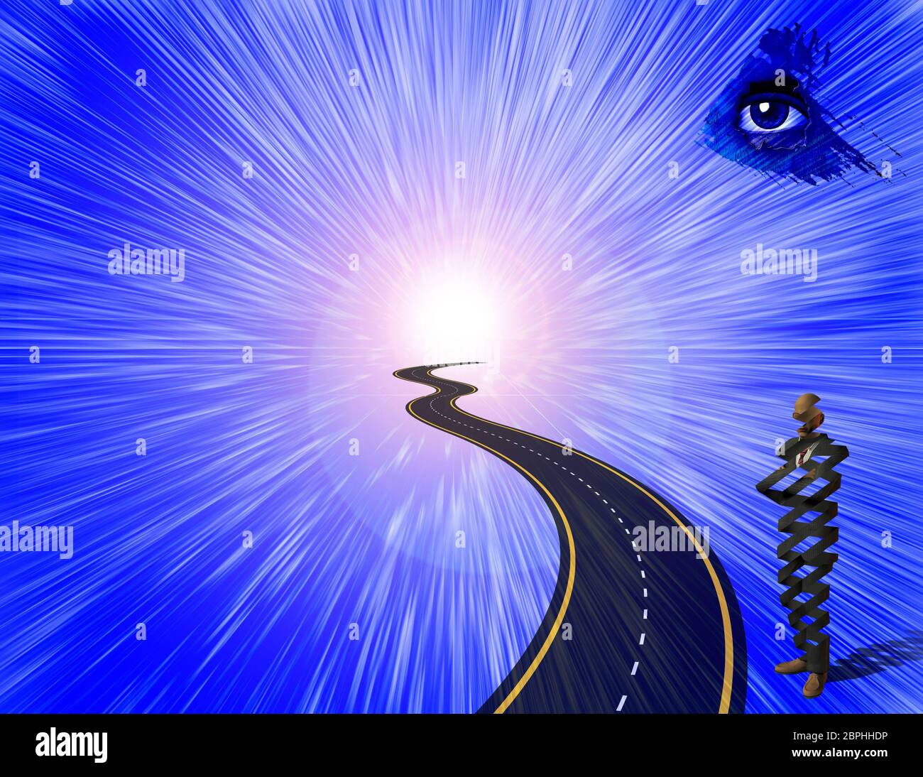 Strada per l'occhio di Dio. Surreale la figura dell'imprenditore, forma di elica Foto Stock