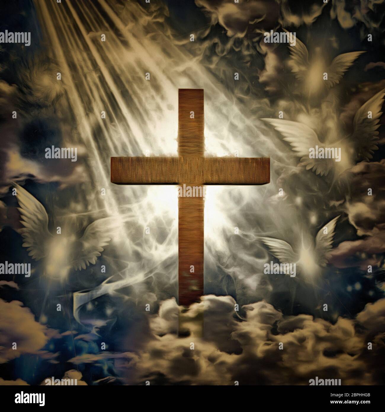 Croce in raggi di luce. Angeli mosche intorno Foto Stock
