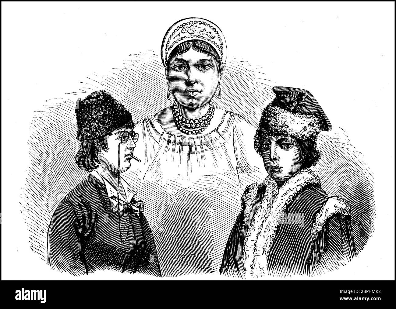 Diversi tipi di donne dalla Russia, donne slaviche, donne nel 19 ° secolo / verschiedene Frauentypen aus Russland, sclavische Frauen, Frauen im 19. Jahrhundert, Historisch, storico, digitale riproduzione migliorata di un originale del 19 ° secolo / digitale Reproduktion einer Originalvollage aus dem 19. Jahrhundert Foto Stock