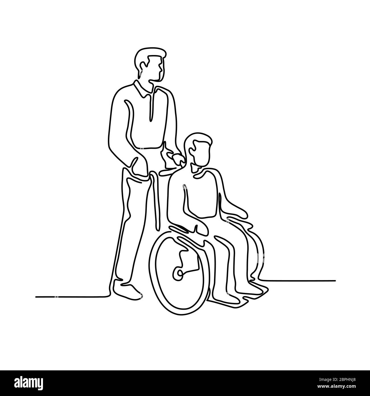 Linea continua illustrazione di un paziente in ospedale o disattivare la persona con handicap o di seduta essendo spingere su wheelcahir da un infermiere realizzato a monolin Foto Stock
