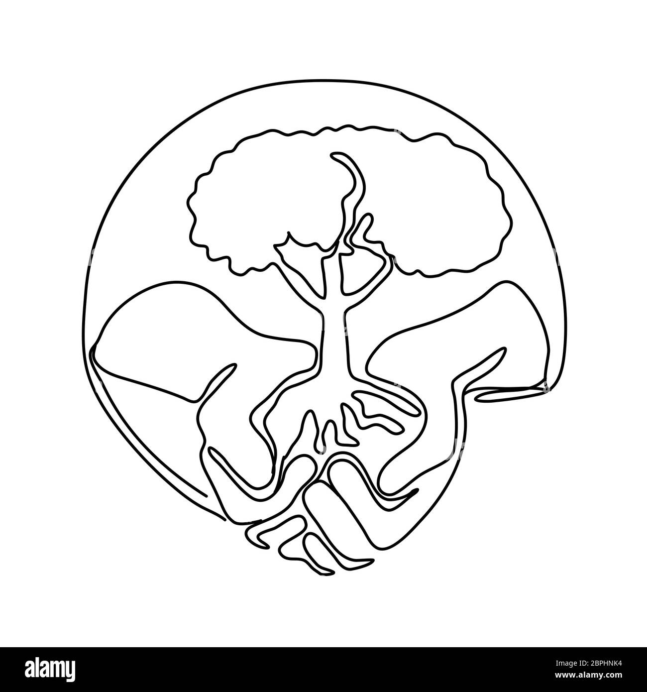 Linea continua illustrazione di una mano che regge un albero sul palmo della mano imposta all'interno di forma ovale realizzato in stile monolinea in bianco e nero. Foto Stock