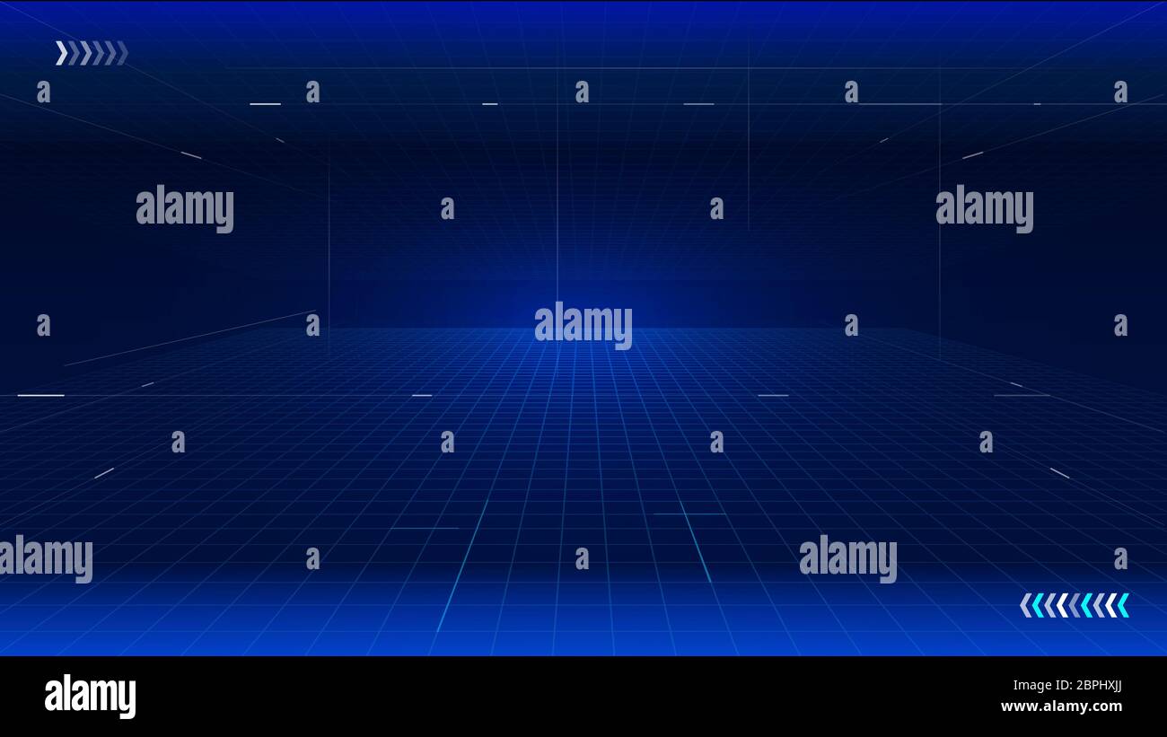 Punti, linee e piani formano lo sfondo dell'interfaccia tecnologica dello spazio prospettico. Foto Stock