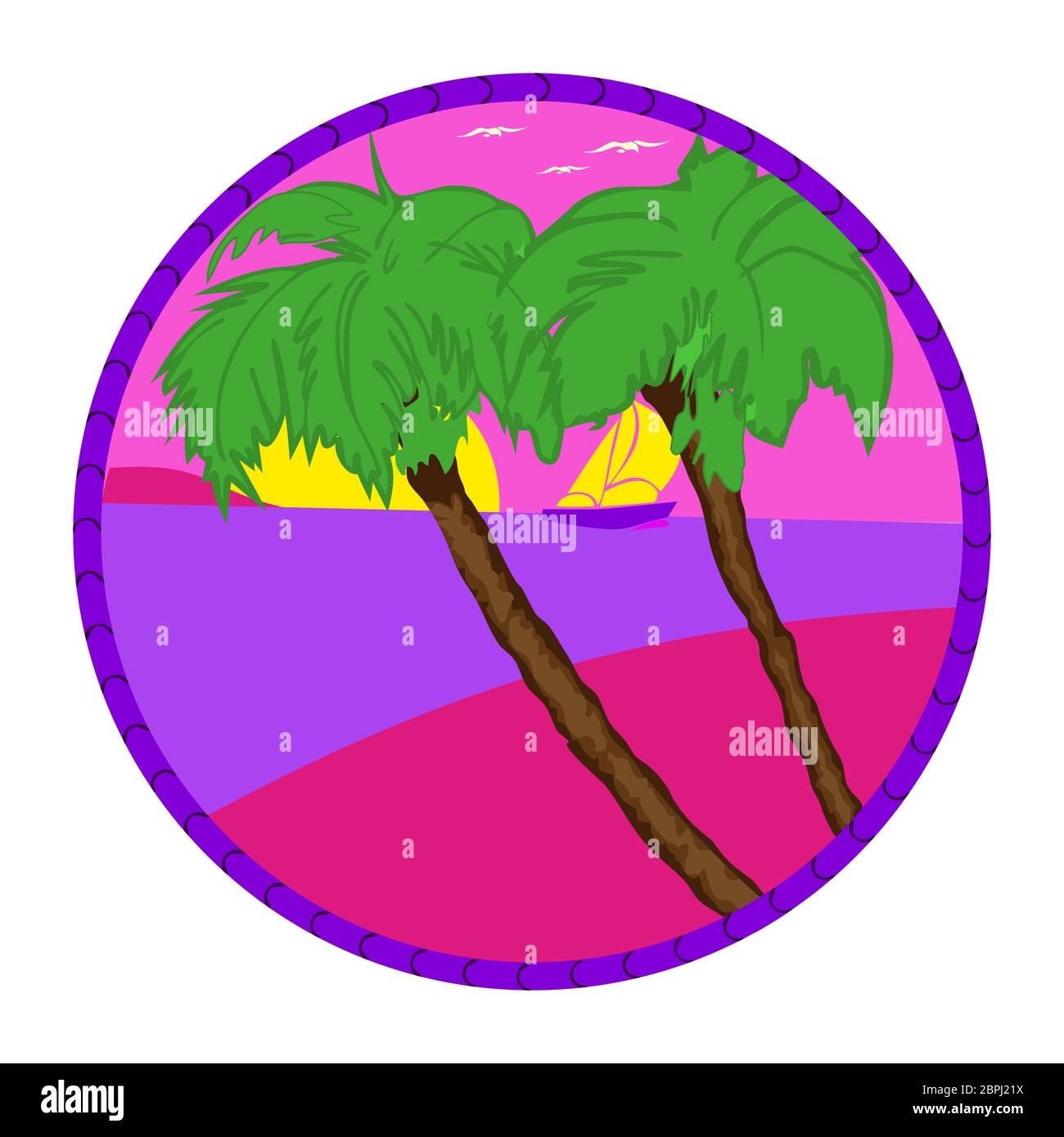 Serata sulla spiaggia con palme. Immagini colorate per il riposo. Palme lilacche, sole grande e luminoso tramonto lilla nel cielo. Illustrazione Vettoriale
