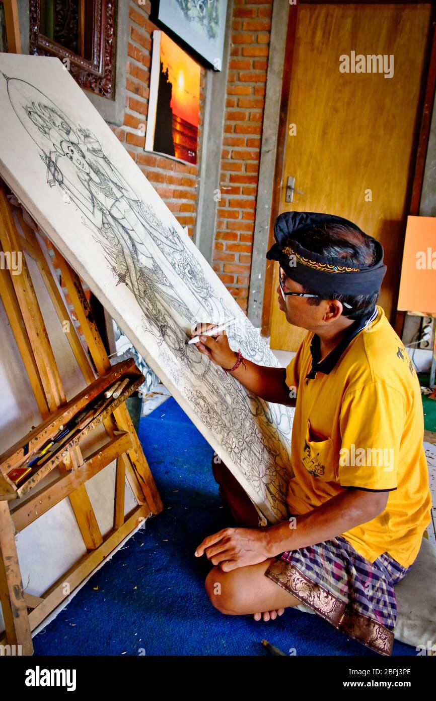 Disegno di artisti in laboratorio di pittura artistica a Ubu, Bali Island. Foto Stock