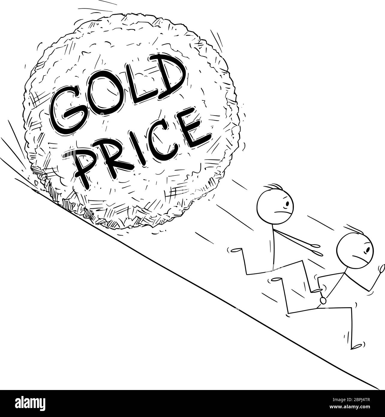 Grafico vettoriale del cartoon disegno illustrazione concettuale di gruppo di investitori o uomini d'affari che corrono via dal boulder del prezzo dell'oro che rotola giù la collina. Concetto finanziario. Illustrazione Vettoriale