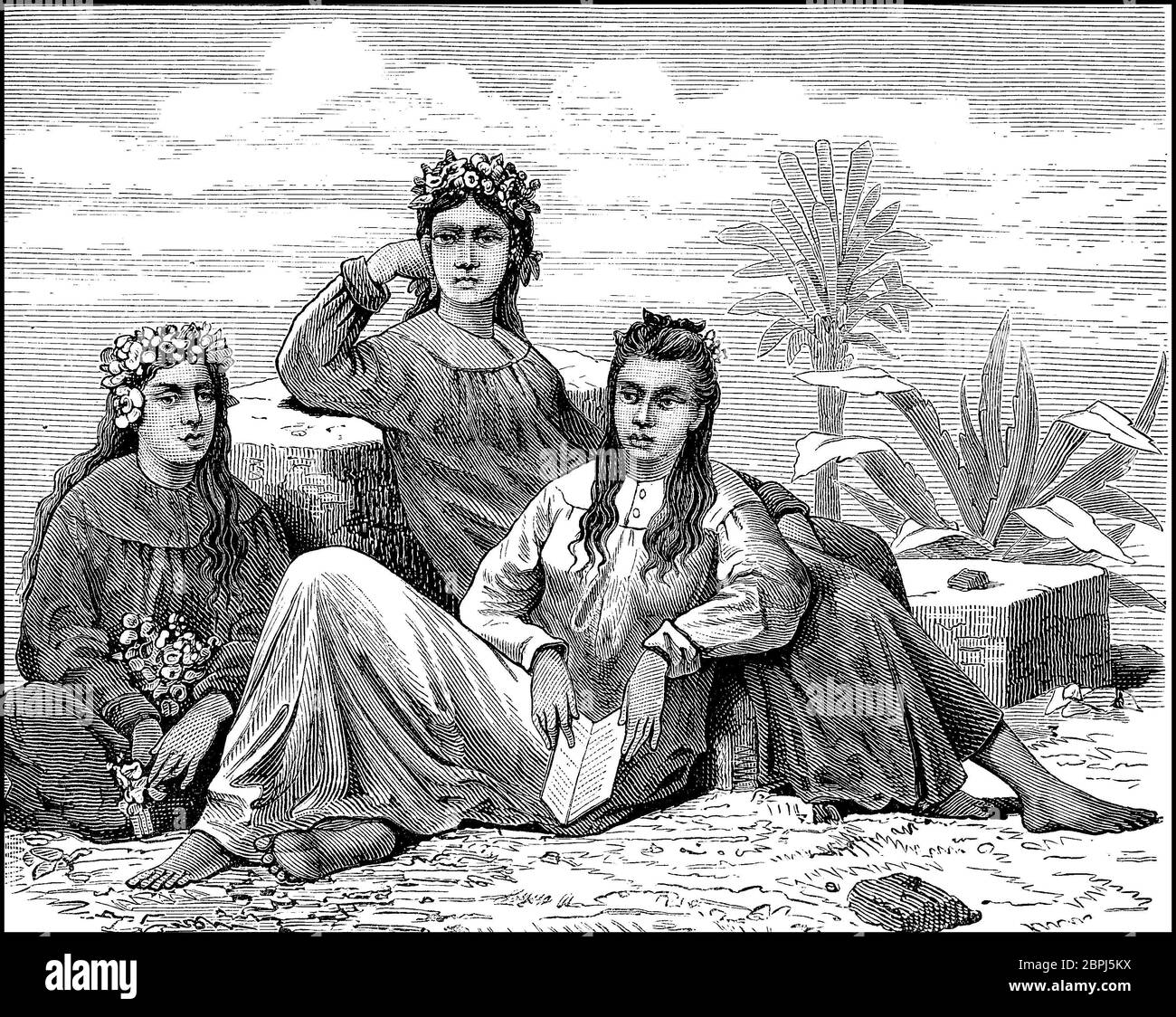 Ragazza di Tahiti, Sud Pacifico, donne nel 19 ° secolo / Mädchen aus Tahiti, Südsee, Frauen im 19. Jahrhundert, Historisch, storico, digitale riproduzione migliorata di un originale del 19 ° secolo / digitale Reproduktion einer Originalvollage aus dem 19. Jahrhundert Foto Stock