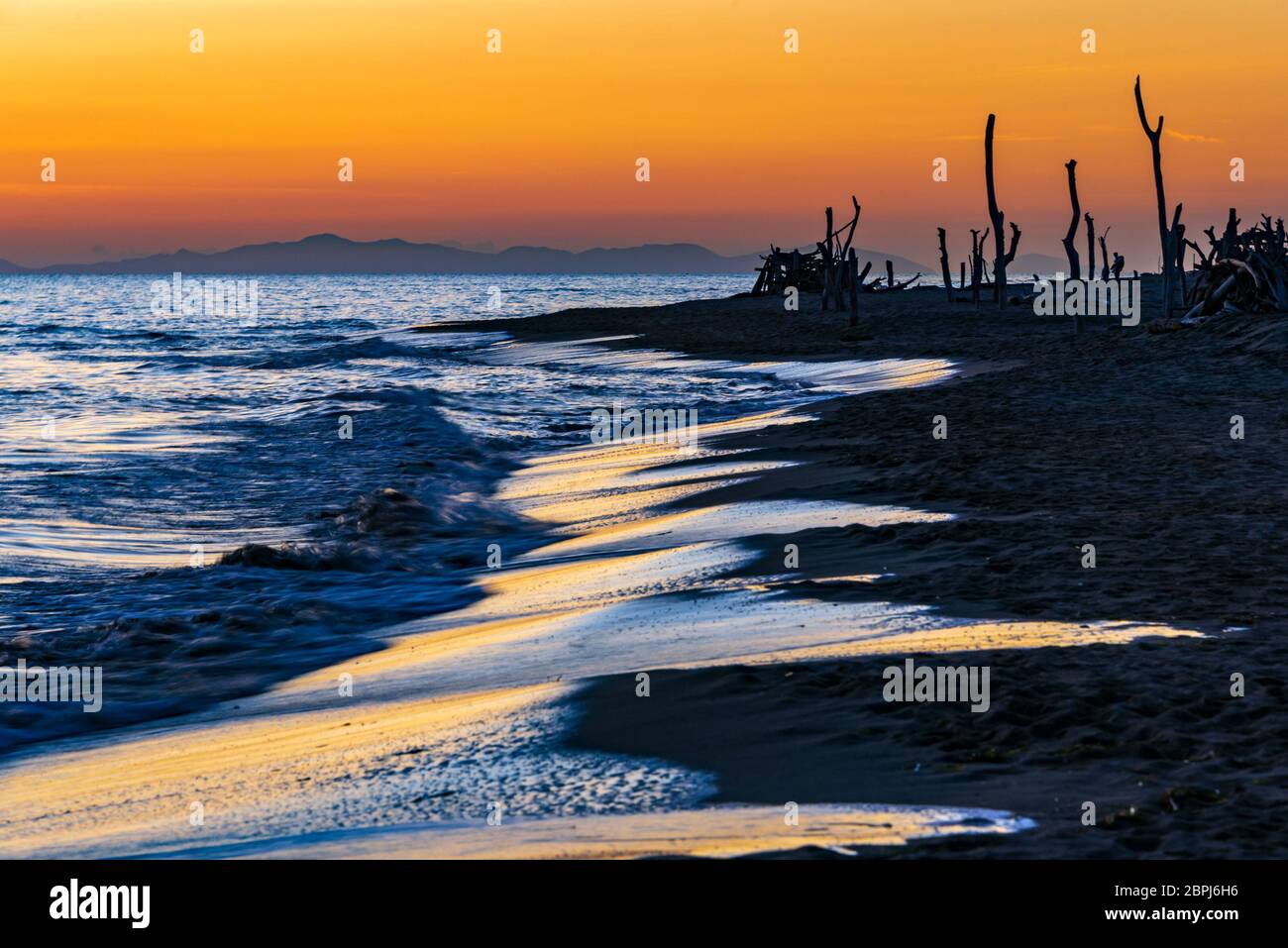 La spiaggia di Alberese nel Parco Naturale dell'Uccellina al tramonto con l'isola d'Elba sullo sfondo Foto Stock