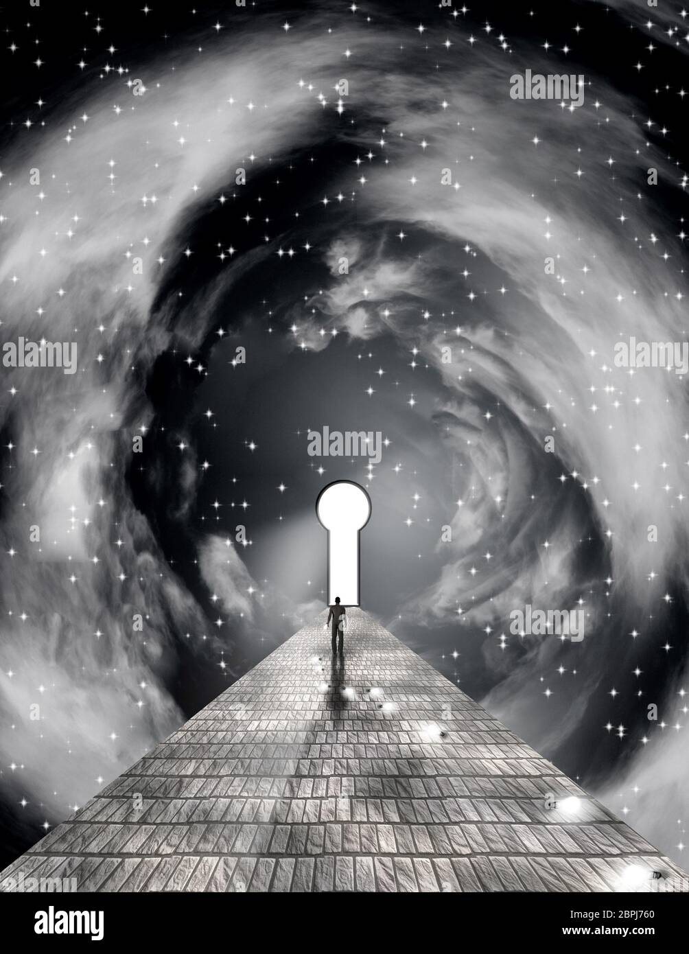 Pittura surreale. La figura di uomo a camminare sulla strada di pietra a toppa di chiave nello spazio. Foto Stock