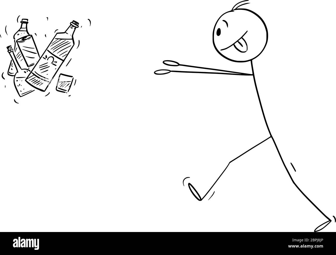 Disegno grafico vettoriale del cartoon illustrazione concettuale di uomo addicted che prova ad ottenere le bottiglie di liquore duro o di alcool. Illustrazione Vettoriale