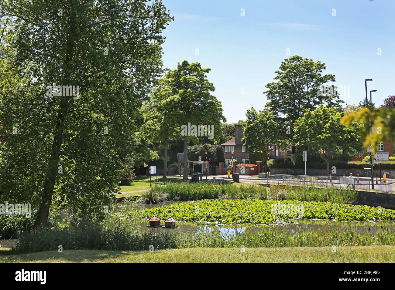 Il laghetto delle anatre e il verde antico villaggio a Sanderstead, Surrey, un villaggio ricco nel Sud Croydon, Regno Unito. Angolo tra Limpsfield Road e Addington Road Foto Stock