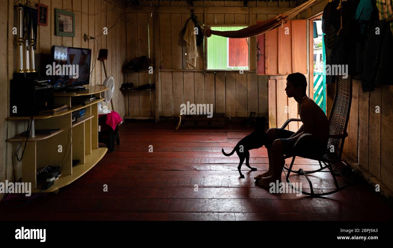 Un ragazzo che guarda la TV giocando con il suo animale domestico in una casa di legno Foto Stock
