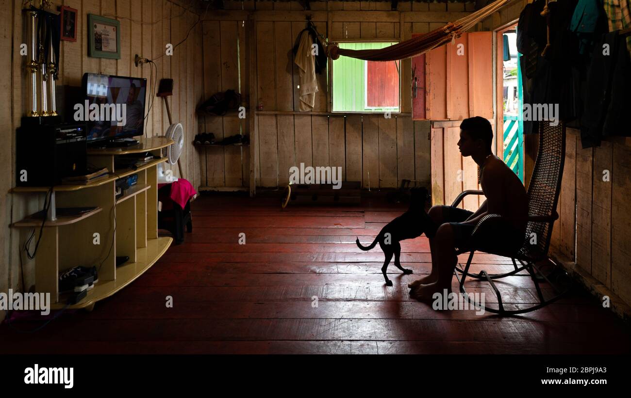 Un ragazzo che guarda la TV giocando con il suo animale domestico in una casa di legno Foto Stock Un ragazzo che guarda la TV giocando con il suo animale domestico in una casa di legno Foto Stock
