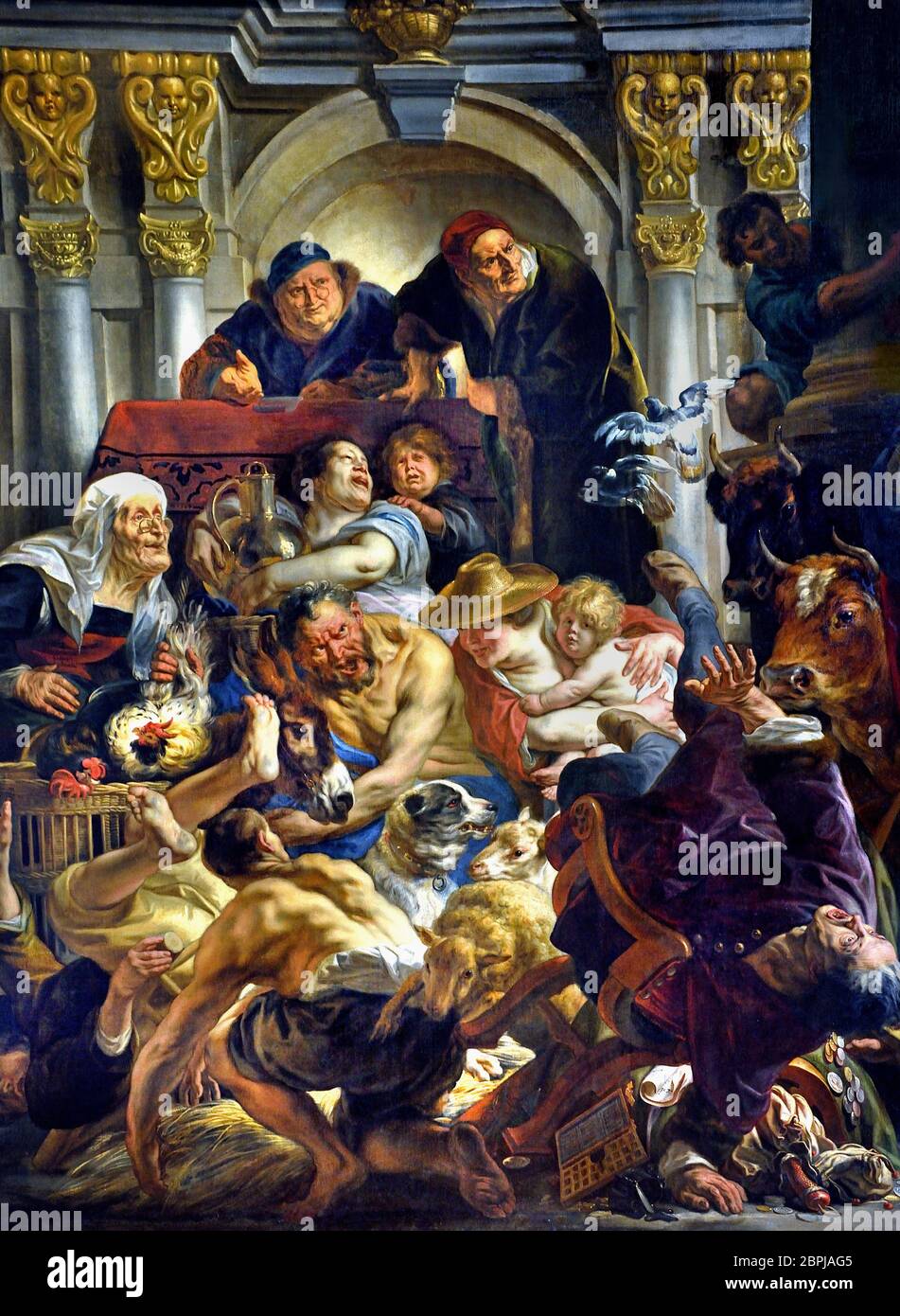 Gesù che guida i mercanti dal Tempio di Jacob JORDAENS (Anversa, 1593 - Anversa, 1678) ( il tumulto descritto nel nuovo Testamento Gesù entra nel Tempio e, con una frusta, scacciò tutti i mercanti che sporgono la sua sacralità con il loro commercio di base. ) Foto Stock