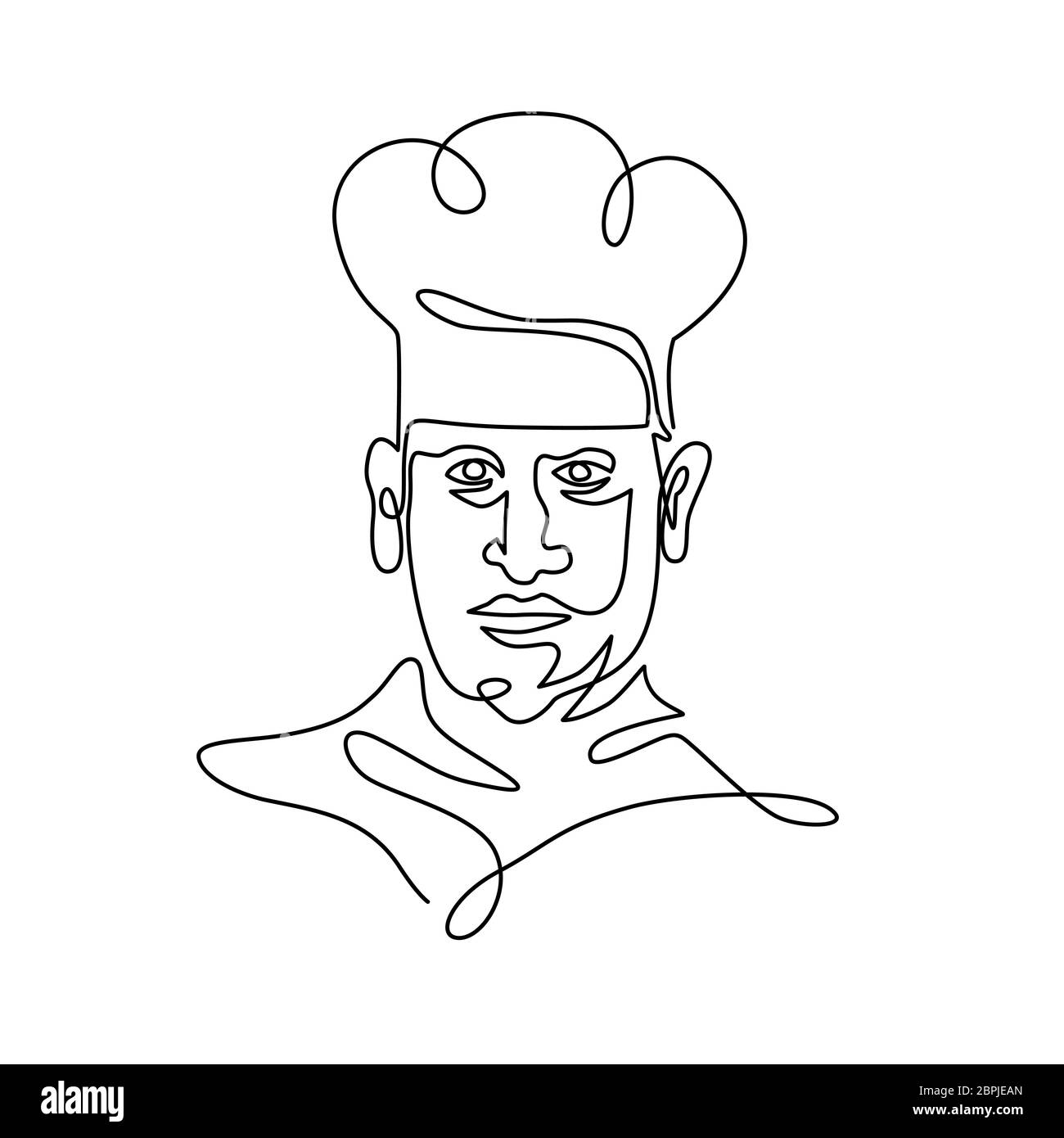 Linea continua illustrazione della testa di un chef cuoco o baker indossando toque hat se visto dalla parte anteriore fatto in bianco e nero in stile monolinea. Foto Stock