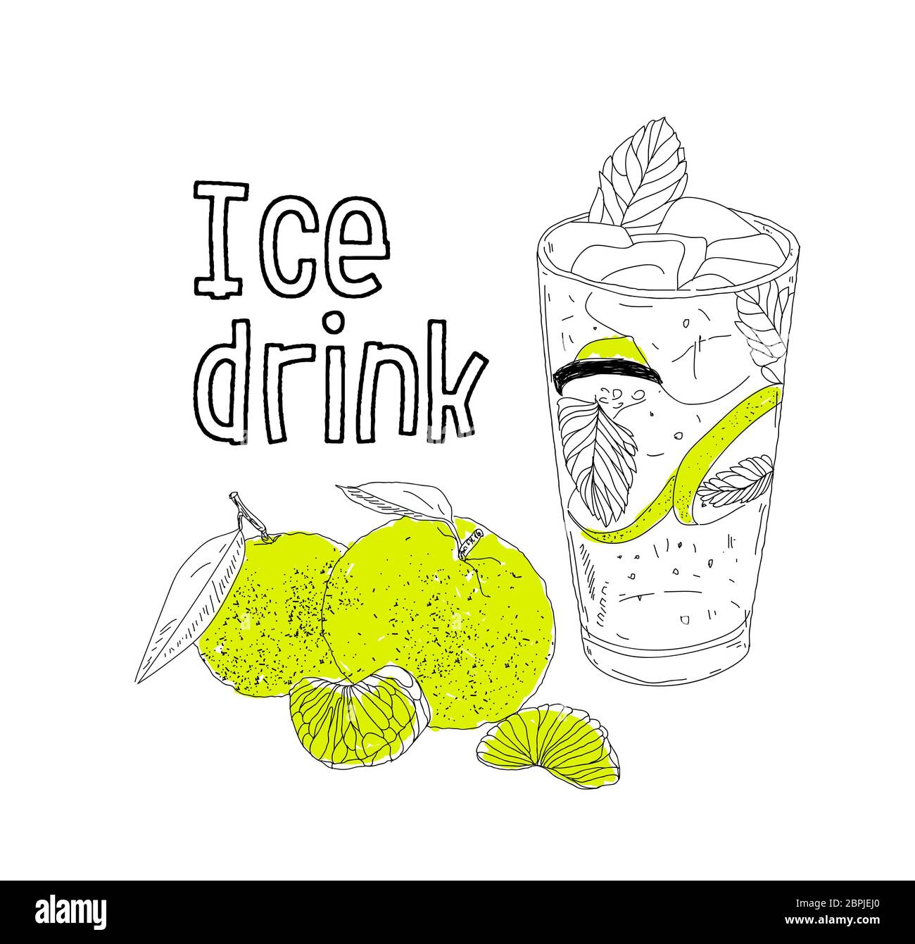 Disegnata a mano vector estate bevanda ghiacciata con cittrus. Limone e menta. Detox acqua. Illustrazione lineare. - Illustrazione Vettoriale Foto Stock Disegnata a mano vector estate bevanda ghiacciata con cittrus. Limone e menta. Detox acqua. Illustrazione lineare. - Illustrazione Vettoriale Foto Stock