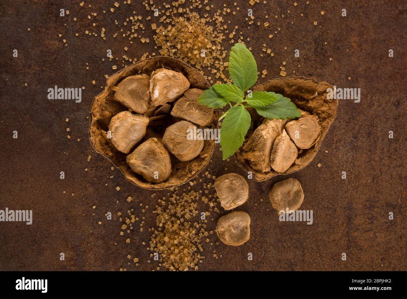 Luo Han Guo aka frutta Monaco rimedio naturale su sfondo nero. Potente dolcificante sano. Foto Stock