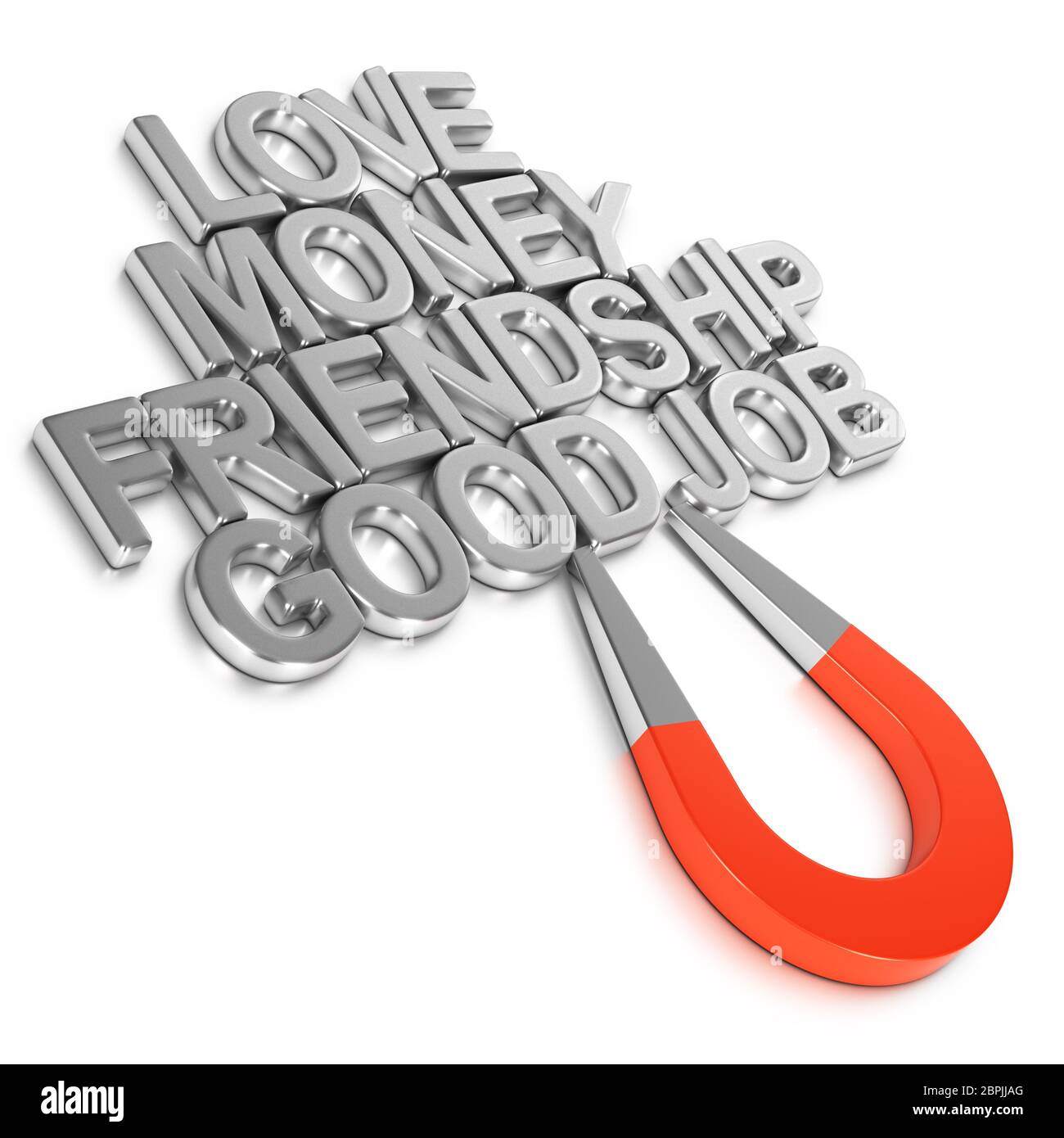 3d illustrazione di un magnete per attrarre le cose positive su sfondo bianco. Legge di Attrazione concetto. Foto Stock